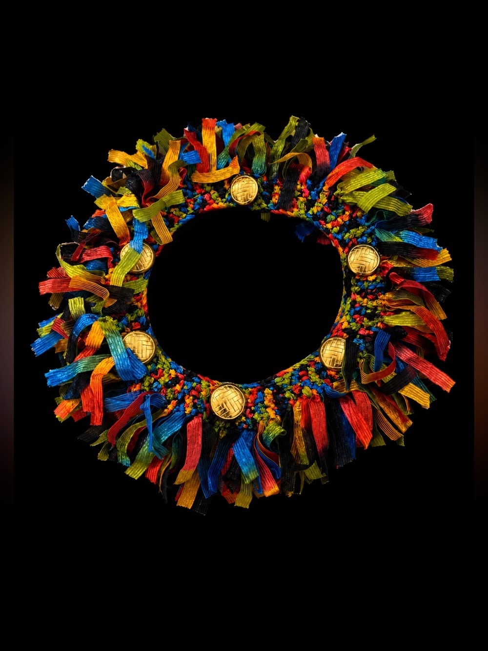 Bold Primary Colorful Fringe Collar Necklace with Antique Style Goldtone Buttons
